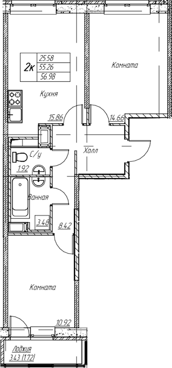 2-комнатная квартира 56.98 м², 4/22 эт., ЖК «Парк-квартал Юнтолово»